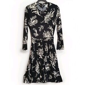 Norma Kamali KAMALIKULTURE Sz L Black Floral Print Belted Long Sleeve Dress NWT